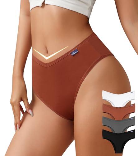 ASIMOON High Waisted Cotton Bikini Underwear for Women Stretch V Waist Cheeky Panties Ladies Comfy High Cut Panty 4 Pack,SizeL
