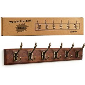 Wall Mounted Coat Rack with Solid Wood, 6 Bronze Metal Hooks – 23.22 Inch Rustic Brown Entryway Organizer for Hanging Coats, Hats, Jackets, Scarves, Bags, for Hallway, Bedroom, Bathroom（6Hooks）