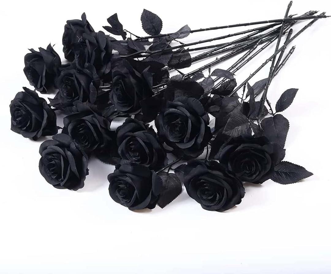 Laelfe 12 PCS Artificial Flowers Black Roses, Fake Silk Flower Long Stem Artificial Rose for Home Wedding Party Decorations(Black Halloween)