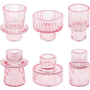 NEOEGOR Taper Votive Candle Holder for Pillar Candles Tealight, Candlestick Holder for Wedding Christmas Tea Party, Boho Ribbed Vintage Crystal Glass Table Centerpiece Decor, Bulk Set of 6 (Pink)