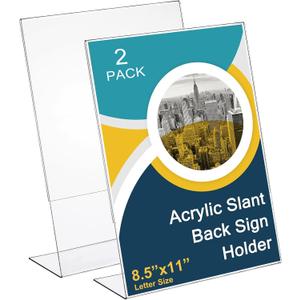 Sanwuta 2 Pack Acrylic Sign Holder,Slant Sign Display Stand,Transparent Flyer Holder Frame Plastic Document Display for Workers Teachers Office Home Menu Desktop(8.5 x 11 Inch)