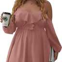 WDIRARA Women's Plus Size Cold Shoulder Ruffle Trim Bishop Sleeve A Line Dress (Pink, XL)