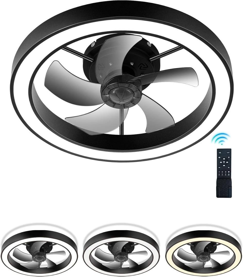 Flush Mount Ceiling Fans with Lights and Remote, Minimalist 20 in Dimmable Low Profile Ceiling Fan, Match Any Interior, Stepless Color Temperature Change, and 6 Speeds - Black