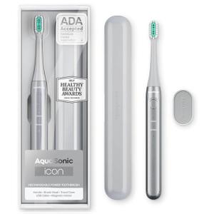 Aquasonic Icon ADA-Accepted Rechargeable Toothbrush | Magnetic Holder & Slim Travel Case | 2 Brushing Modes & Smart Timers | Gentle Micro-Vibrations (Stone)