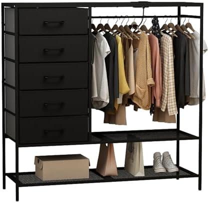 Azaeahom Dresser with Hanging Rack, Black Dresser for Bedroom, Chests of Drawers for Closet, 5 Fabric Drawers Clothes Rack, with Sturdy Metal Frame, LED Lights, Charging Station