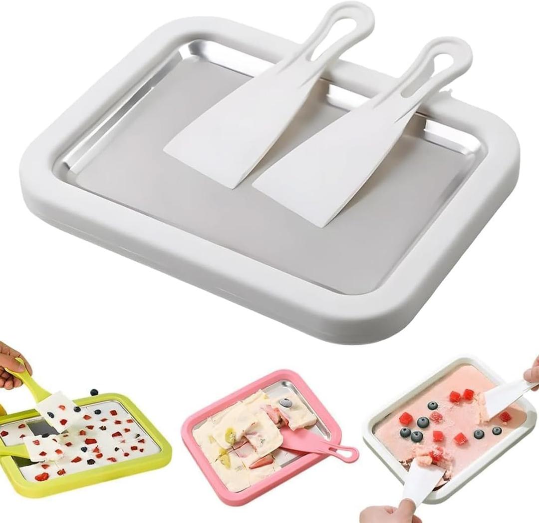 Rolled Ice Cream Maker Kit, At-Home Stainless Steel Instant Freeze Plate with 2 Scrapers, DIY Rolled Ice Cream Tray, Instant Ice Cream Maker for Yogurt, Sorbet (White)