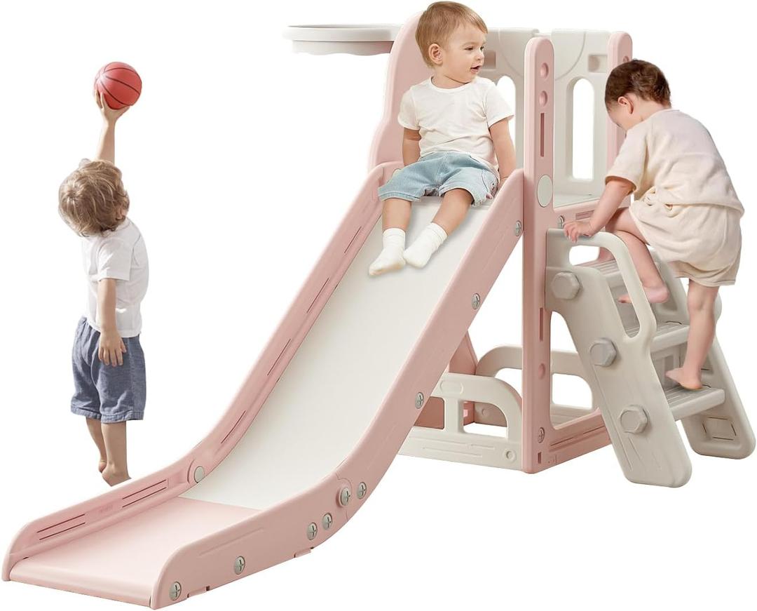 Toddler Slide,Kids Climber Slide with Storage Space and Non-Slip Steps,Indoor Outdoor Playset with Basketball Hoopa and Telescope,Slide for Toddlers Age 1-3 (Pink)