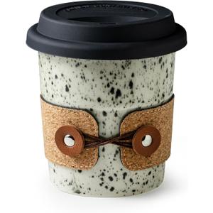 Cormomu Coffee Travel Mug, Spill Proof Coffee Tumbler, Microwave & Dishwasher Safe, Large Porcelain Coffee Cup, Tea Mug with Lid, Coffee Gifts for Men & Women, 13.5oz (White with black dots)