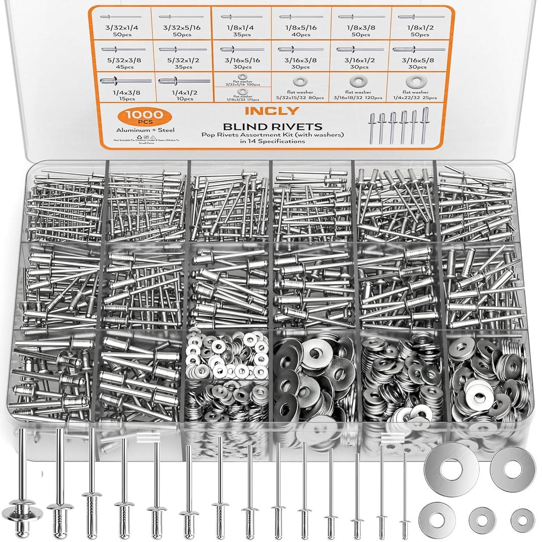 INCLY 1000PCS Aluminum Pop Rivets Assortment Kit, 14 Sizes Pop Rivets (3/32" 1/8" 5/32" 3/16" 1/4") with 5 Size 304 Stainless Steel Backup Washers, Assorted Blind Rivets for Metal with Storage Case (White)