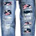 EVALESS Ripped Jeans for Women Plaid Patch Boyfriend Skinny Distressed Denim Jean Pants (Blue, L)