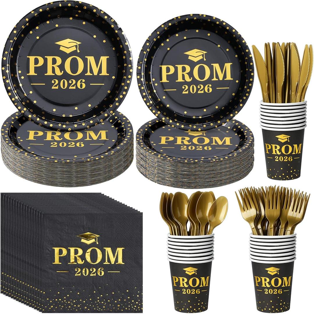 Graduation Party Supplies Plates and Napkins Serve 50,Prom Send off 2026 Disposable Paper Plates and Napkins Set Cups Knives Spoons for Class of 2026 Graduation Party Decorations Black and Gold