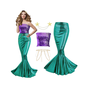 Newcotte 4 Pcs Mermaid Costume for Women Sequin Tube Top Skirt Pearl Waist and Head Chain for Halloween Cosplay M