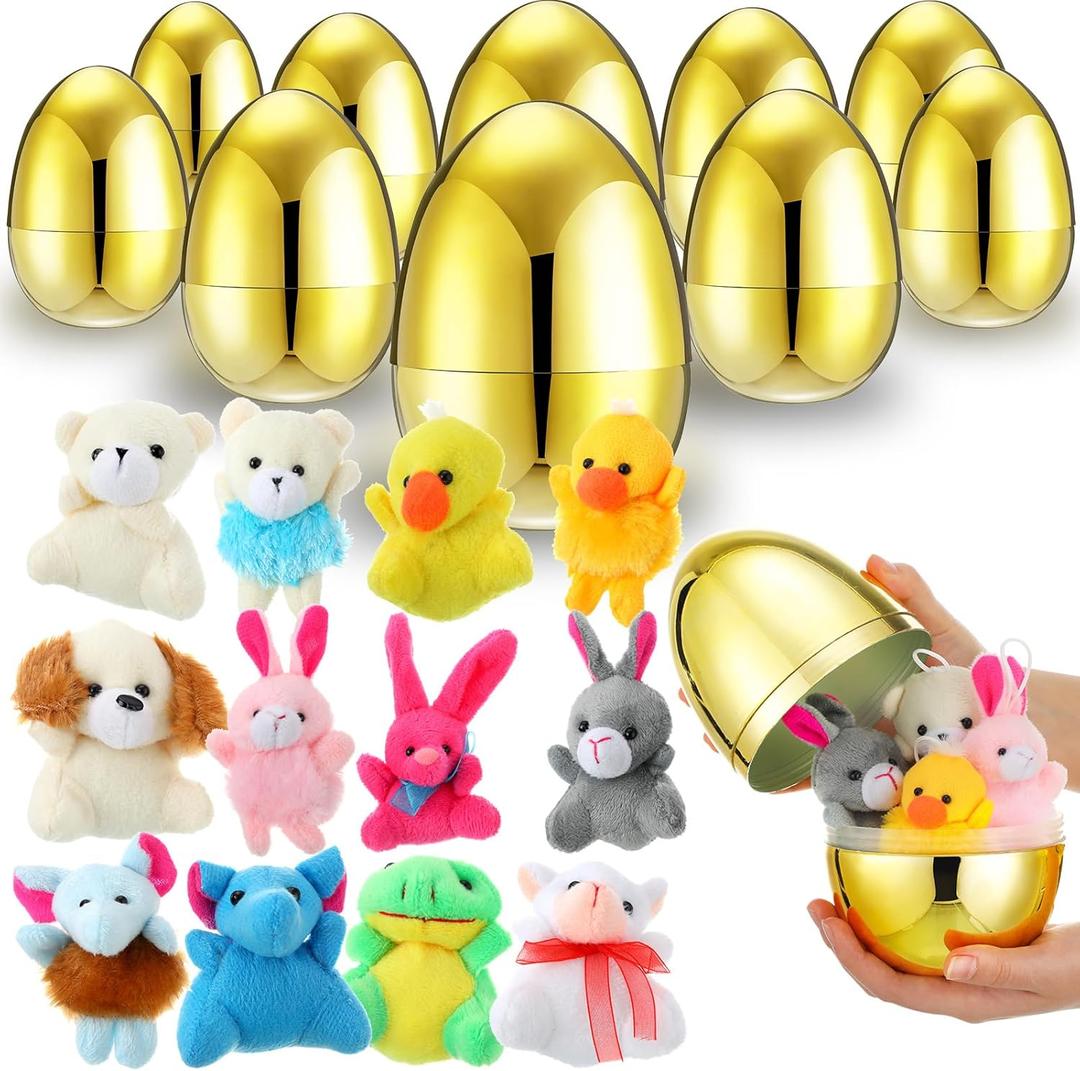 12 Set 6'' Jumbo Easter Eggs with Plush Animal Toys Filled Colorful Bright Plastic Eggs with Mini Stuffed Animals for Easter Party Favor Gift Exchange Prize(Gold,Metallic Plated)