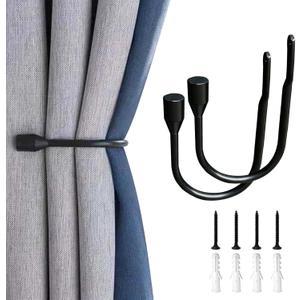 Metal Curtain Holdbacks, 2PCS U Shaped Wall Mounted Hook for Home Decor, Decorative Curtain Tieback Curtain Drapery Tiebacks Hooks Curtain Hooks for Wall (Black)