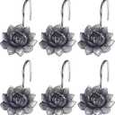 Twofish Home Black Flower Shower Curtain Hooks Anti Rust Shower Curtain Hooks Decorative Resin Black Flower Shower Curtain Rings Set of 12
