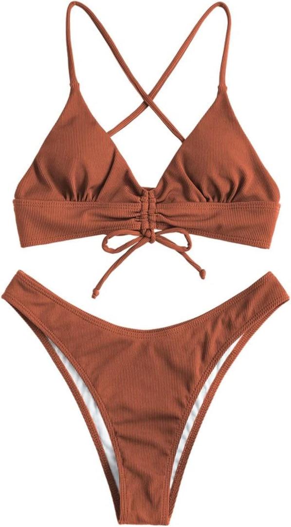 ZAFUL Women's Sexy Triangle Bikini Set Floral Print Spaghetti Strap 2 Piece Swimsuit Crisscross High Cut Bathing Suit (Large, 1-coffee)