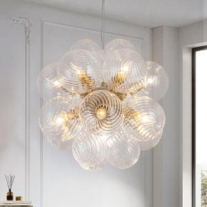 Gold Bubble Ball Swirled Chandelier, 12-Light Bubble Clear Glass Chandelier Hand Blown Glass Pendant Lighting for Dining Room Living Room Kitchen Island Bedroom