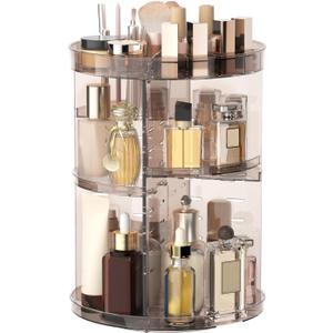 360 Rotating Makeup Organizer with Lipstick Slots, DIY 8 Adjustable Height Spinning Skincare Organizers, Brush and Perfume Storage Carousel, Cosmetic Display Case for Vanity Bathroom Countertop
