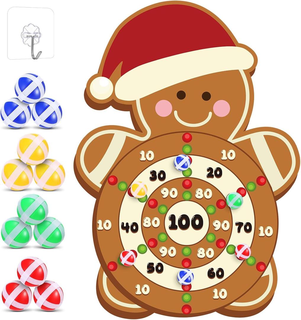 12 Pcs Christmas Game Christmas Dart Board Game Set with Large Gingerbread Man Dart Board Sticky Balls 20.87  29.53 inches for Merry Xmas Party Gift Decorations Family Games Indoor Outdoor