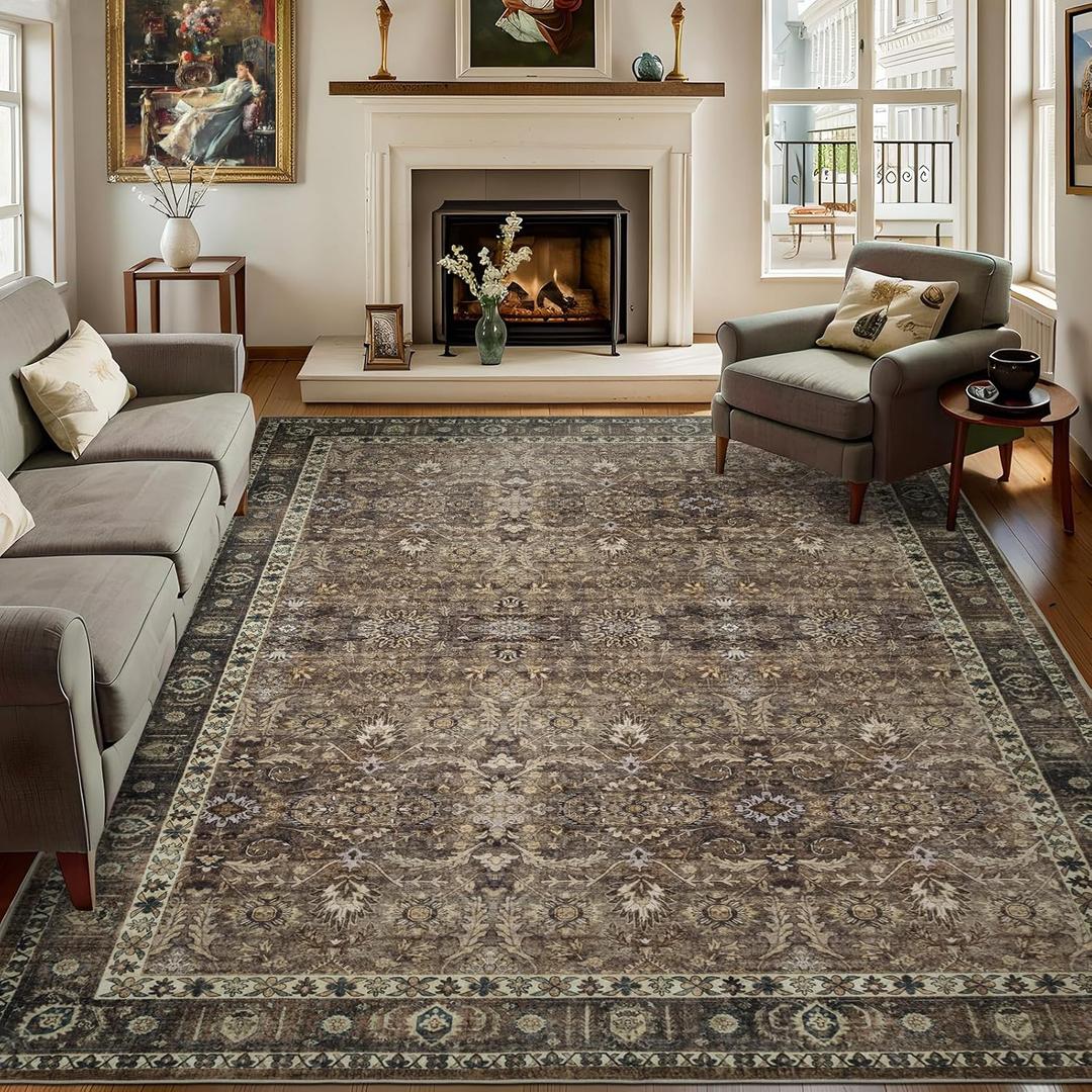9x12 Vintage Washable Area Rug for Living Room,Low Pile Non Slip Carpet Non-Shedding Large Area Rug Soft Indoor Stain Resistant Rug Floral Print Mat for Bedroom Dining Room Brown Floral