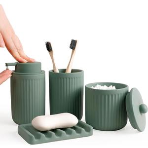 INGOFIN 4 Pcs Ceramic Bathroom Accessory Set - Liquid Soap Dispenser, Toothbrush Holder,Contain Cotton Swab Jar & Soap Dish,Countertop Accessories for Home, Guest Bathroom, Office, Matte Green