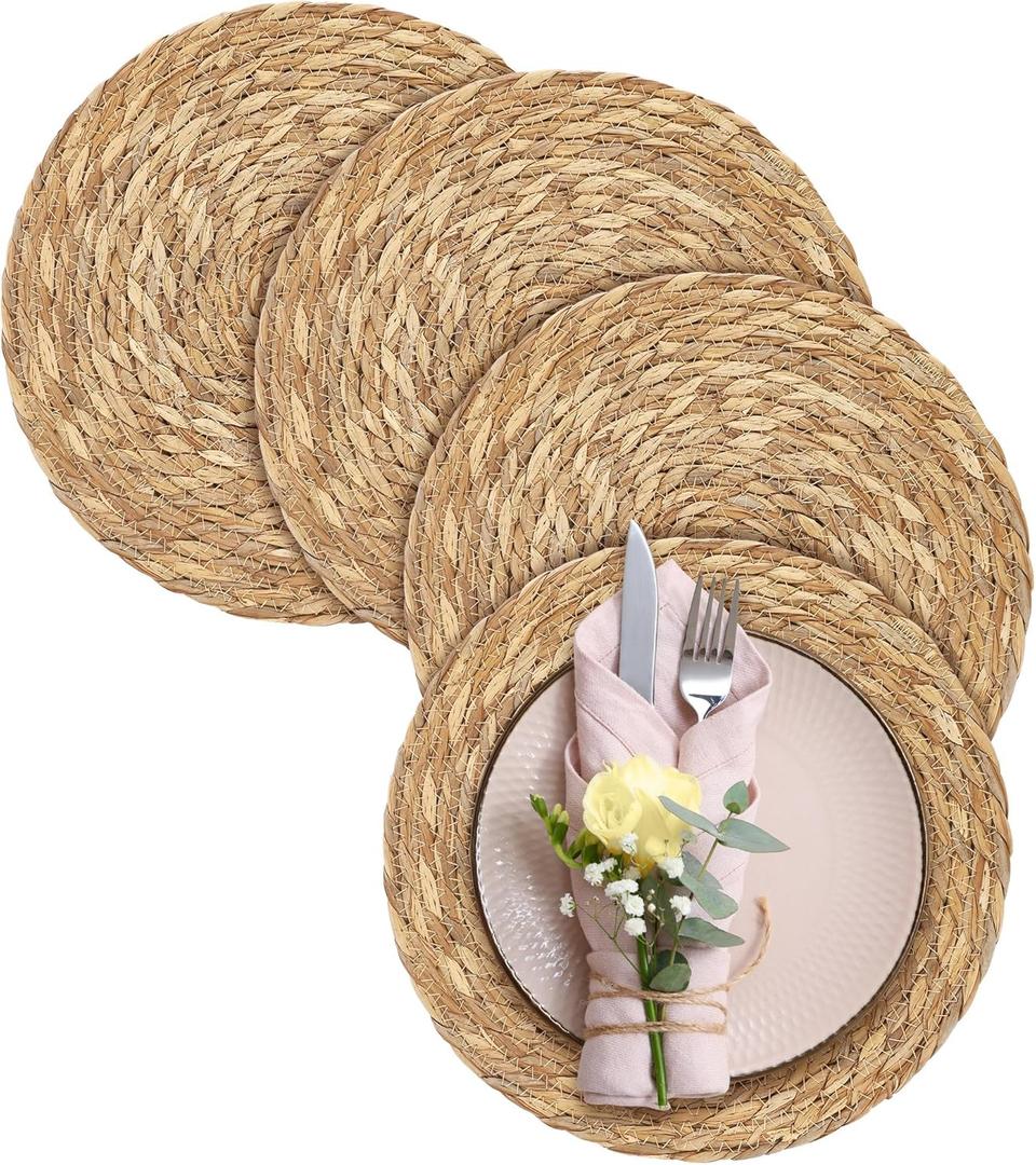 Aneco 4 Pack 12-Inch Round Woven Placemats Natural Hand-Woven Boho Rattan Wicker Bulrush Placemat Farmhouse Rustic Braided Table Mats for Dining & Kitchen Decor