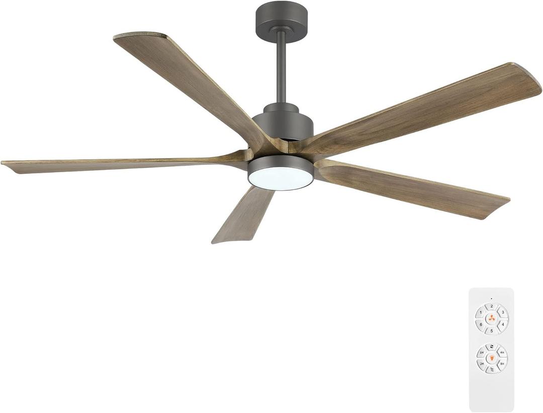 52" Modern Ceiling Fan with Light and Remote Control, 5 Solid Wood Blades 6-Speed Noiseless Reversible DC Motor, Ceiling Fan for Kitchen Dinning Living Room, Charcoal Finish with Wood Blades