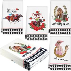 4 Pcs Derby Dish Towels Rose Talk Derby to Me Run for The Roses 16 x 24'' Horse Race Absorbent Dish Towels for Home Cooking Baking Cleaning(Bright Style)