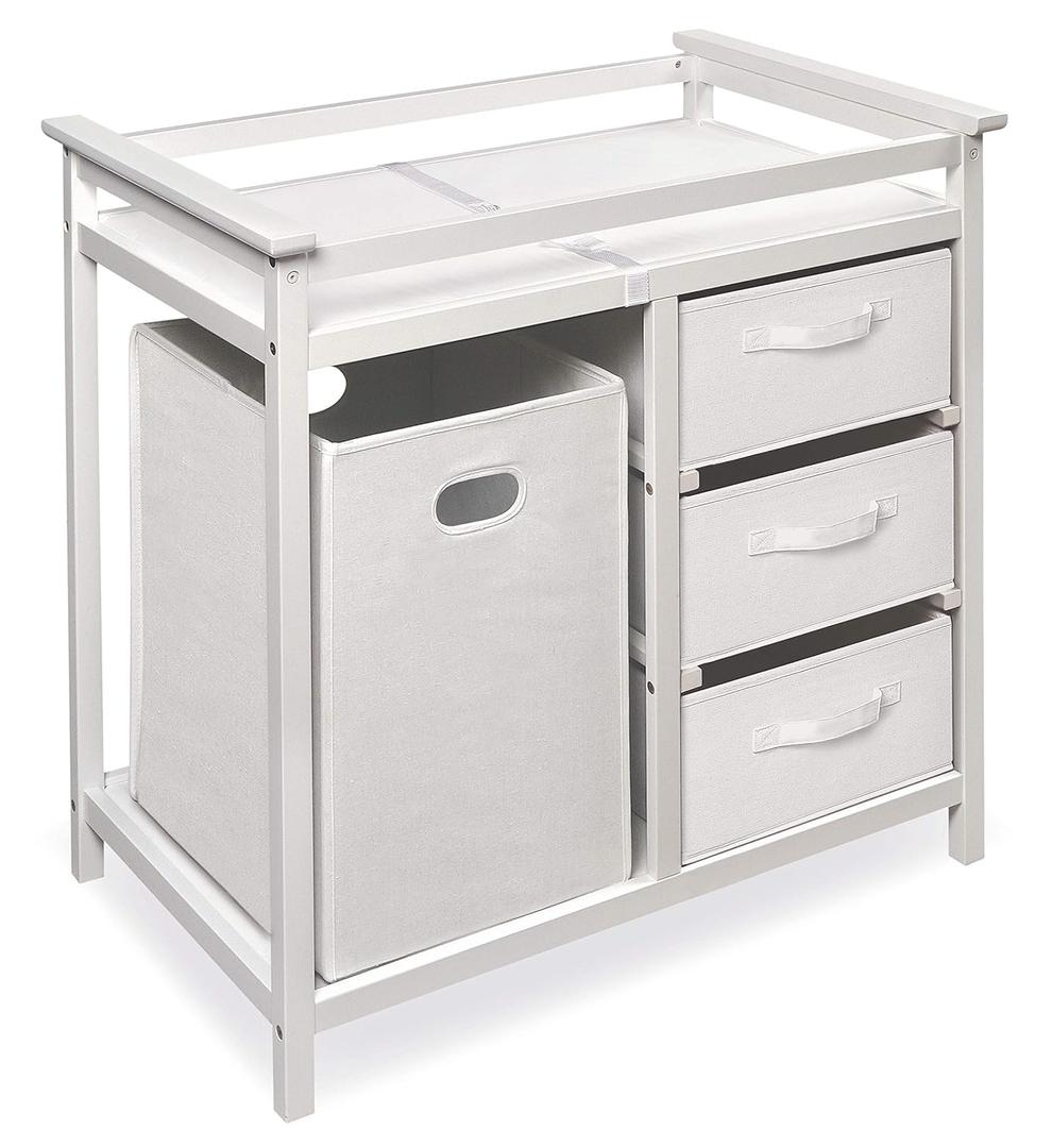 Badger Basket Modern Baby Changing Table - Nursery Furniture with Laundry Hamper and 3 Storage Drawers - Diaper Changing Station with Safety Belt, Changing Pad, and Organizer Baskets - White Badger Basket Modern Baby Changing Table - Nursery Furniture with Laundry Hamper and 3 Storage Drawers - Diaper Changing Station with Safety Belt, Changing Pad, and Organizer Baskets - White