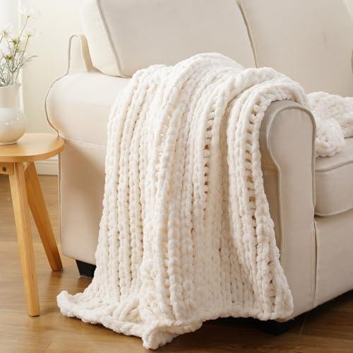 Battilo Cream Chunky Knit Throw Blanket, Soft and Thick White Chenille Throw Blanket, 50"x60" Handmade Cable Knit Crochet Blanket, Knot Knitted Throw Blankets for Couch Home Decor, Cream