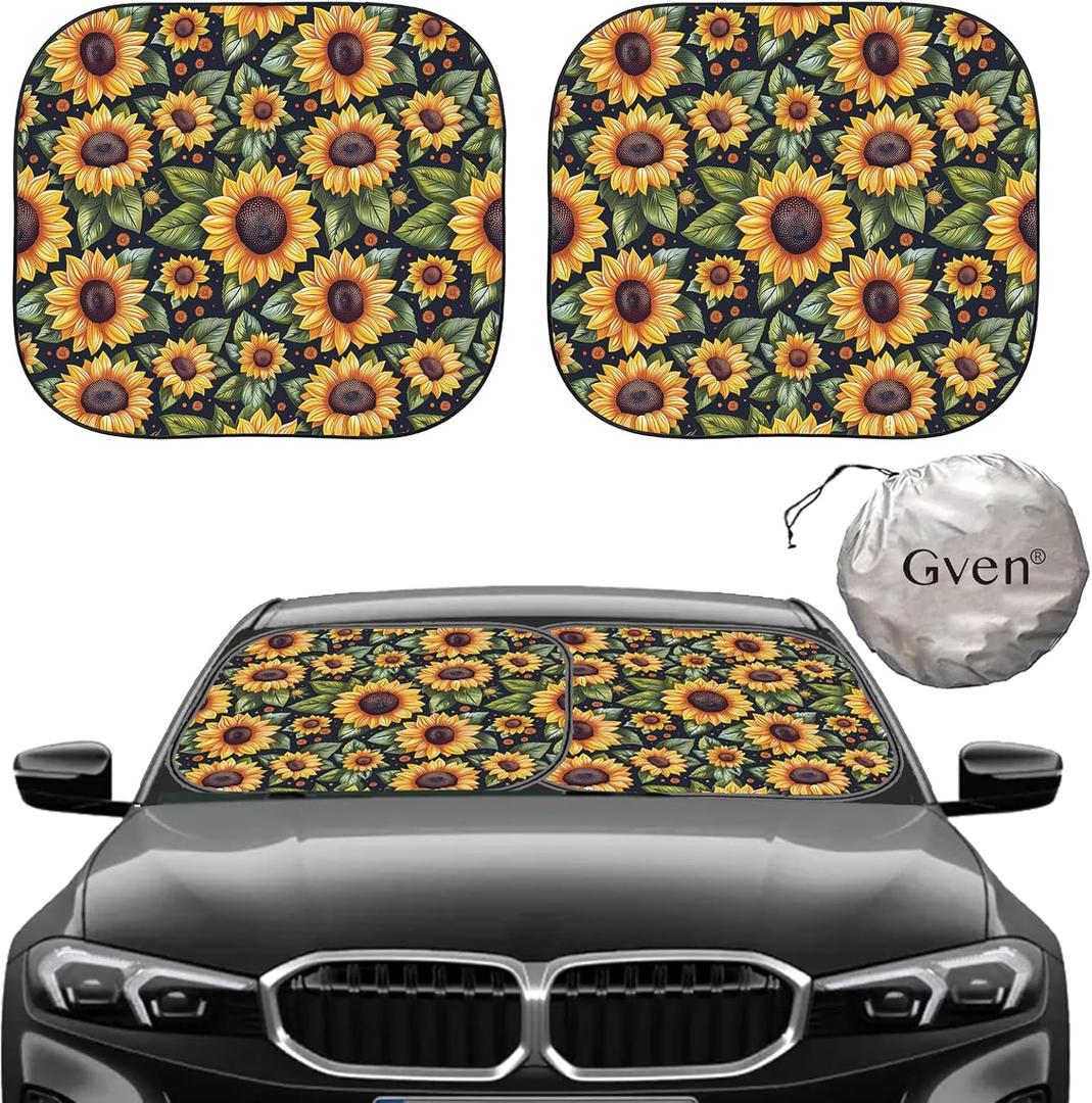 Gven Windshield Sun Shade 2pcs with Bonus Car Sunshade for Front Window Shades 2025 Technology Reflect UV and Heat Sun Visor Automotive Interior Sun Protection (Sunflower, M)