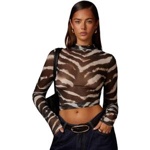 WDIRARA Women's Zebra Print Mesh Sheer T Shirts Mock Neck Long Sleeve Tee Y2k Fitted Crop Tops Army Green Large