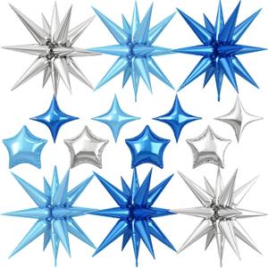 14pcs Blue Silver Star Balloons, Mixed Star Foil Balloon, 22Inch Explosion Stars Balloons with 10Inch Stars Shaped Balloon, for Boys Birthday Baby Shower Wedding Winter Holiday Party Decorations
