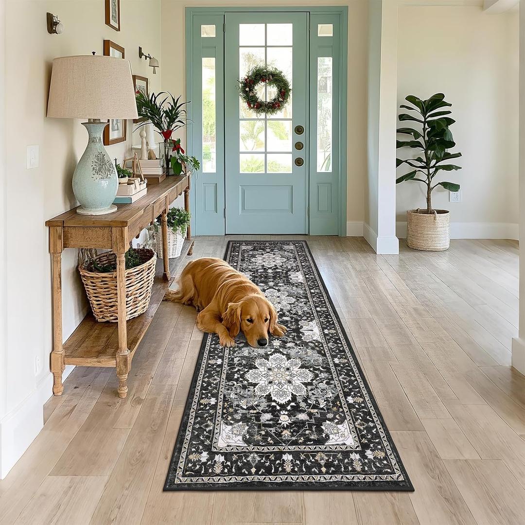 Bsmathom Runner Rug for Hallways Non Slip Washable Boho 2x6 Hallway Low Pile Throw Rugs Vintage Carpet Runners for Entry Way, Kitchen, Laundry Room, Bathroom (Black)