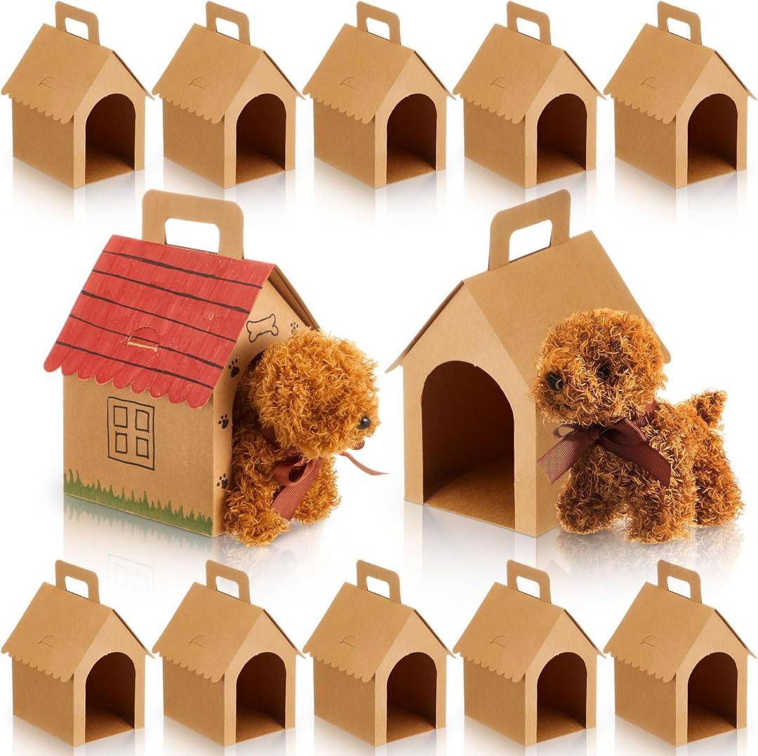 ShinyRelief 24 Pcs Dog Party Favors Boxes Dog House Shaped Treat Gift Boxes with Holes Foldable with Handle for Adopt a Puppy Party Favors Kid DIY Crafting Birthday (Kraft Paper Style)