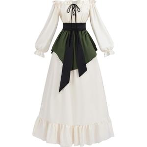Nuoqi Renaissance Dress Women Off Shoulder Medieval Costume Peasant Dress with Waist Sash (X-Large, Off White Green)