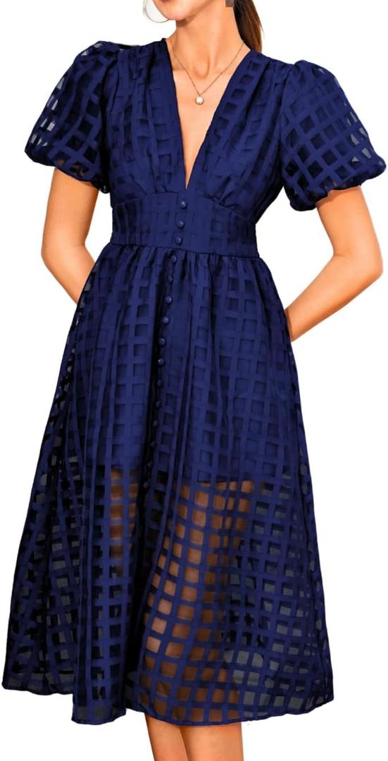 Kaei&Shi V Neck Midi Dress for Women,Puff Sleeve Empire Waist Plaid Organza Dresses,Elegant Formal Wedding Guest Outfits (Small)