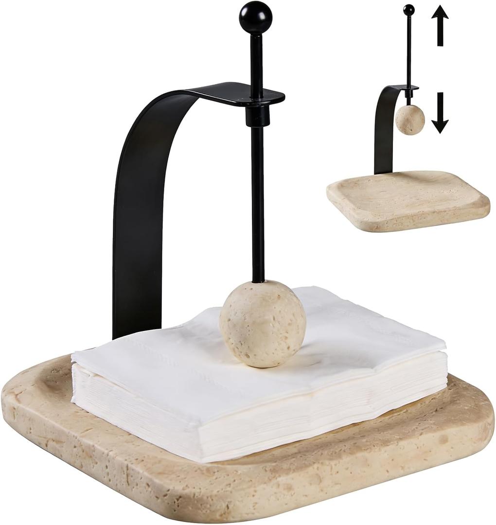 Natural Travertine Napkin Holder - Decorative Square Paper Napkin & Towel Holder for Kitchen, Restaurant, Bathroom - Durable Resin Table Organizer - Stylish Home Gift (Beige) (7 x 7 IN)