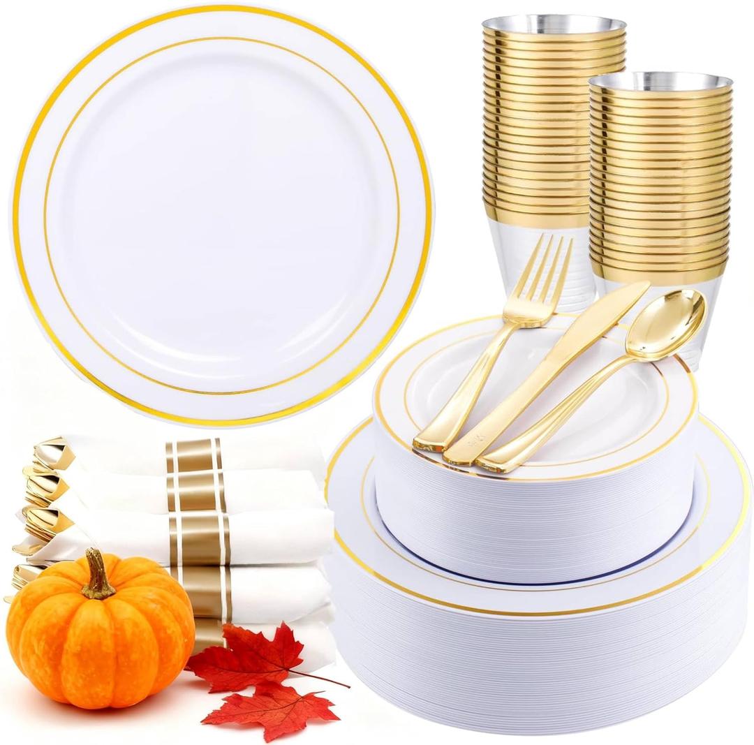 350Piece Gold Dinnerware Set for 50 Guests - Gold Plastic Plates with Disposable Cutlery Include:50Dinner Plates-50Dessert Plates-50Pre Rolled Napkins with Silverware for Thanksgiving (White and Gold)