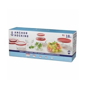 Anchor Hocking 16 Piece Glass Storage Containers with Lids (8 Glass Food Storage Containers & 8 Red SnugFit Lids)