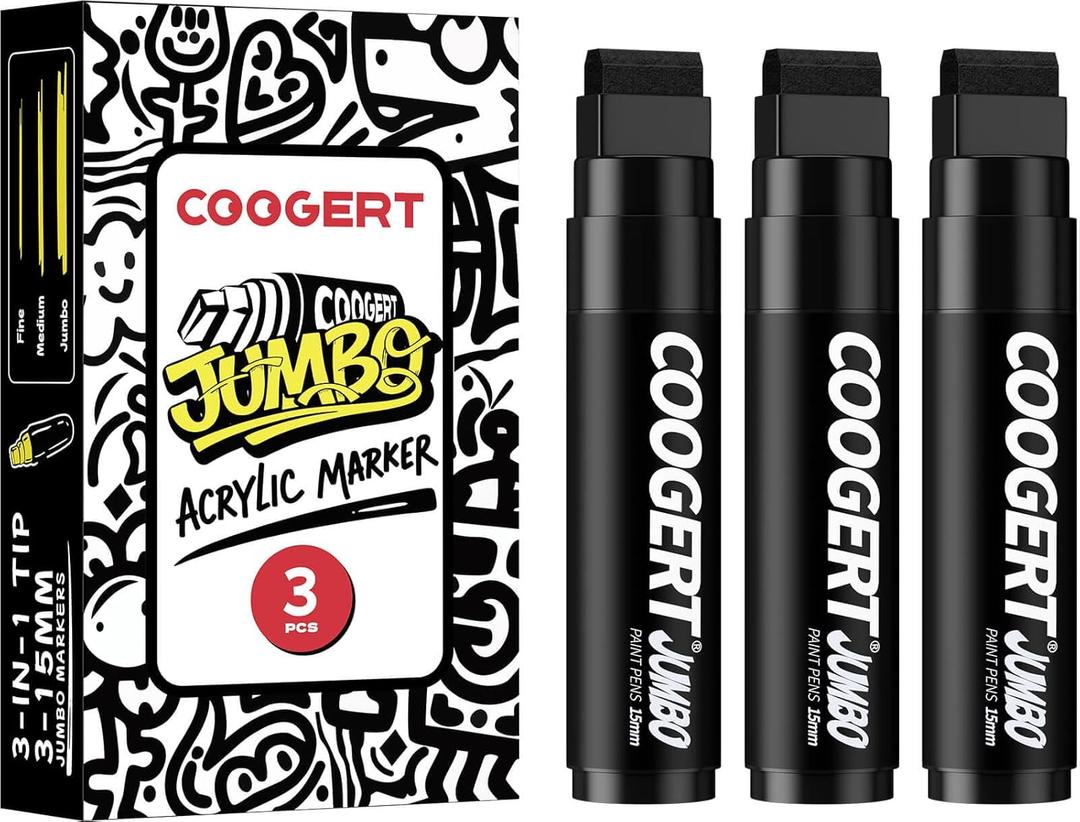 Coogert 3Pcs Black Jumbo Poster Markers, 15MM Thick Permanent Acrylic Graffiti Markers, Wide Tip Paint Marker for Canvas, Posters Board, Fabric, Window, Glass, Wood, Teachers, Banner painting supplies
