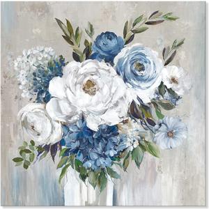 Goldfoilart Blue Flower Wall Art for Living Room White Floral Canvas Pictures Modern Paintings Framed Artwork for Bedroom Bathroom Dining Room Office Wall Decor 24" x 24"