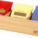 HTB Small Tea Bag Holder, Bamboo Tea Organizer 3 Compartments for Beverage Suppliers, Sugar, Sweeteners, Individual Packets, Portable Tea Bag Organizer for Home Kitchen Counter or Office