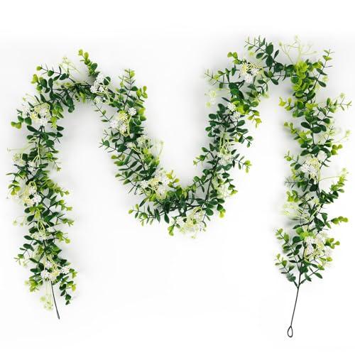 HIAGROW 6FT Eucalyptus Garland with Flowers, 1 Pack Artificial Greenery Garland Hanging Faux Eucalyptus Garland Suitable for Table Wedding Backdrop Arch Wall Party UV Protected Indoor Outdoor Decor