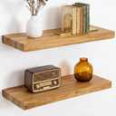 Dreamland 18 Inch Long Floating Shelves Set of 2, Rustic Solid Elm Wood Floating Shelf Wall Mounted, 8 Inch Deep Wall Shelves with Invisible Bracket for Living Room Bathroom Bedroom Kitchen, Natural, Flat Edge - 18"L
