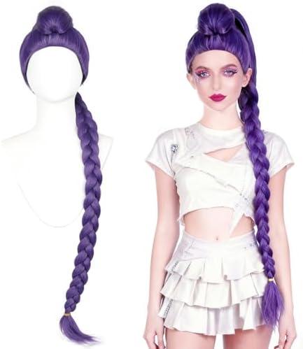 Long Purple Braid Wig for Women - Anime Costume Cosplay Base Wigs with Braids Ponytail Clip & Extra Hair Net for Stage Party Halloween Costume Cosplay, 47 Inches