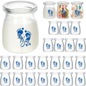 Tanlade 24 Pcs It's a Boy or Girl Milk Glass Bottles 3.4 oz Mini Glass Jars Clear Yogurt Jars with Plastic Lids Baby Shower Party Favors Baby Shower Decorations Centerpieces(It's A Boy)