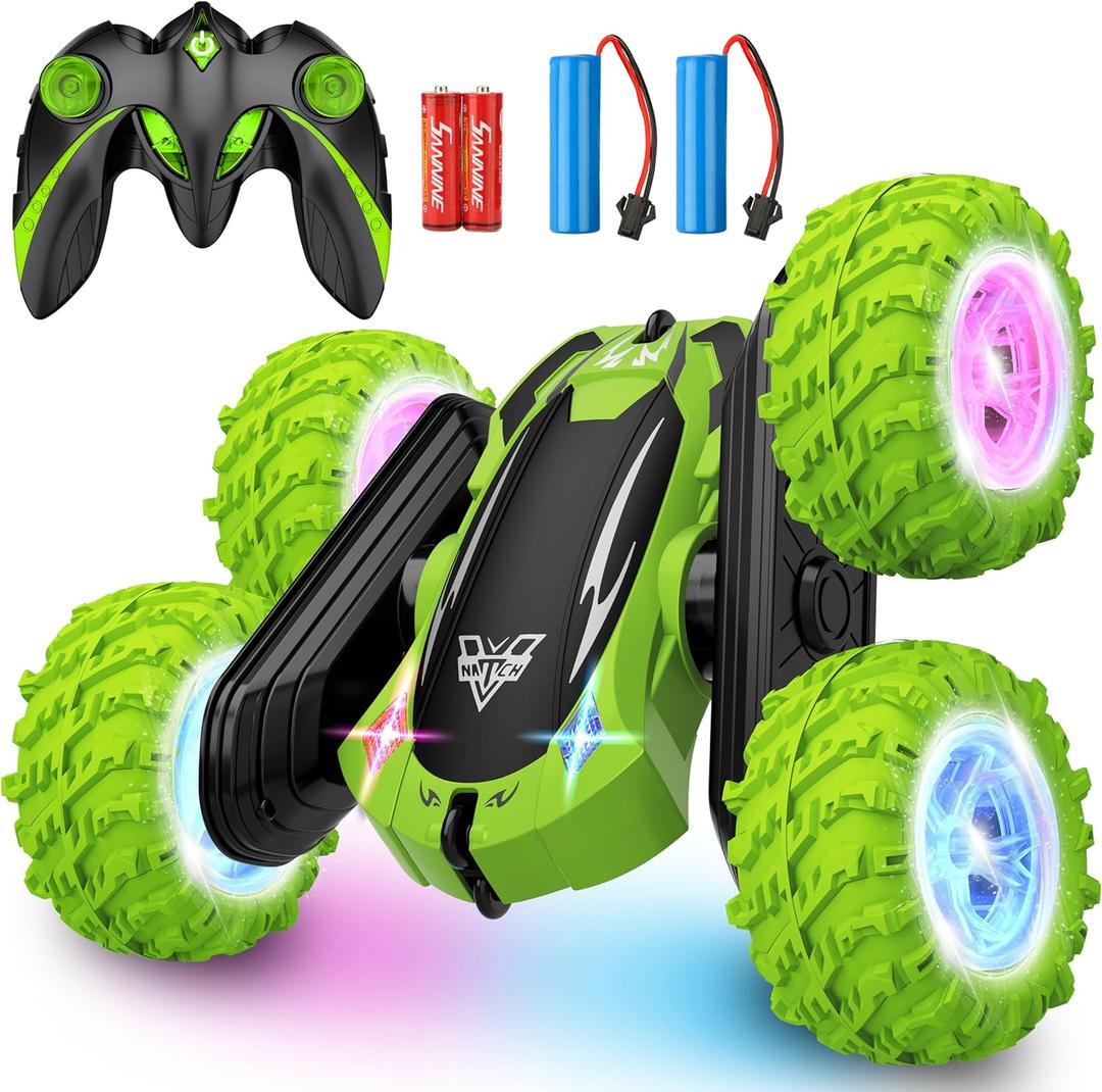 KKONES Remote Control Car, 2.4GHz Electric Race Stunt Car, Double Sided 360 Rolling Rotating Rotation, LED Headlights RC 4WD High Speed Off Road Gift for 3 4 5 6 7 8-12 Year Old Boy Toys (Green)