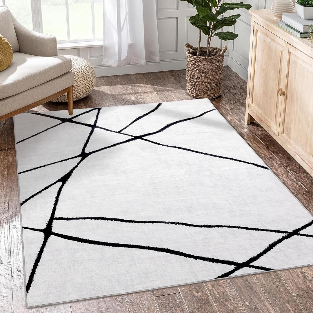 YIHOUSE 5x7 Washable Living Room Rug - Modern Abstract Black and White Area Rug Non-Slip for Bedroom Home Office (Geometric, 5'x7'ft)
