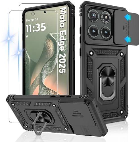Gritup for Motorola Moto Edge (2025) Case with Slide Camera Cover & Screen Protector (2 Pack), Build in 360° Rotating Metal Kickstand | [Military Grade] Shockproof Protective，Black